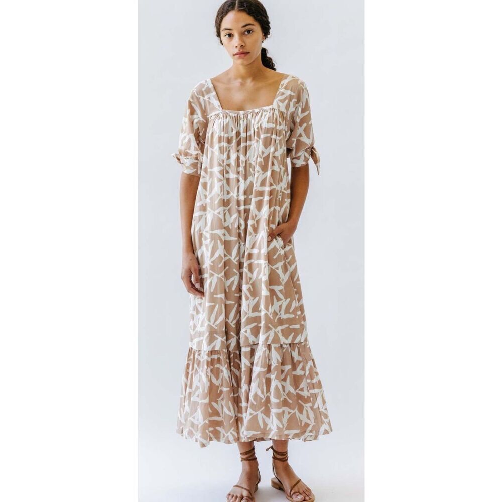 Beige Floral Midi Dress with Tie Sleeves